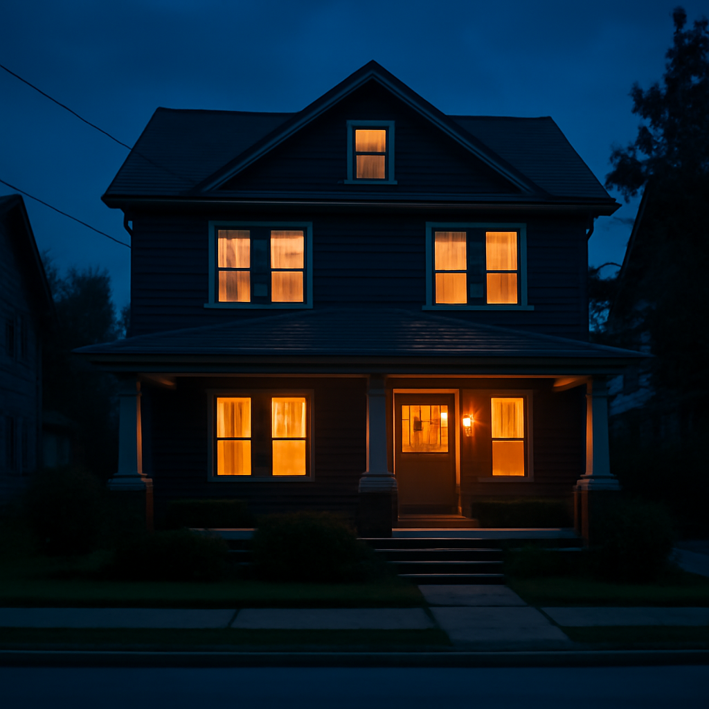 Pennsylvania home at dusk with warm light in the windows